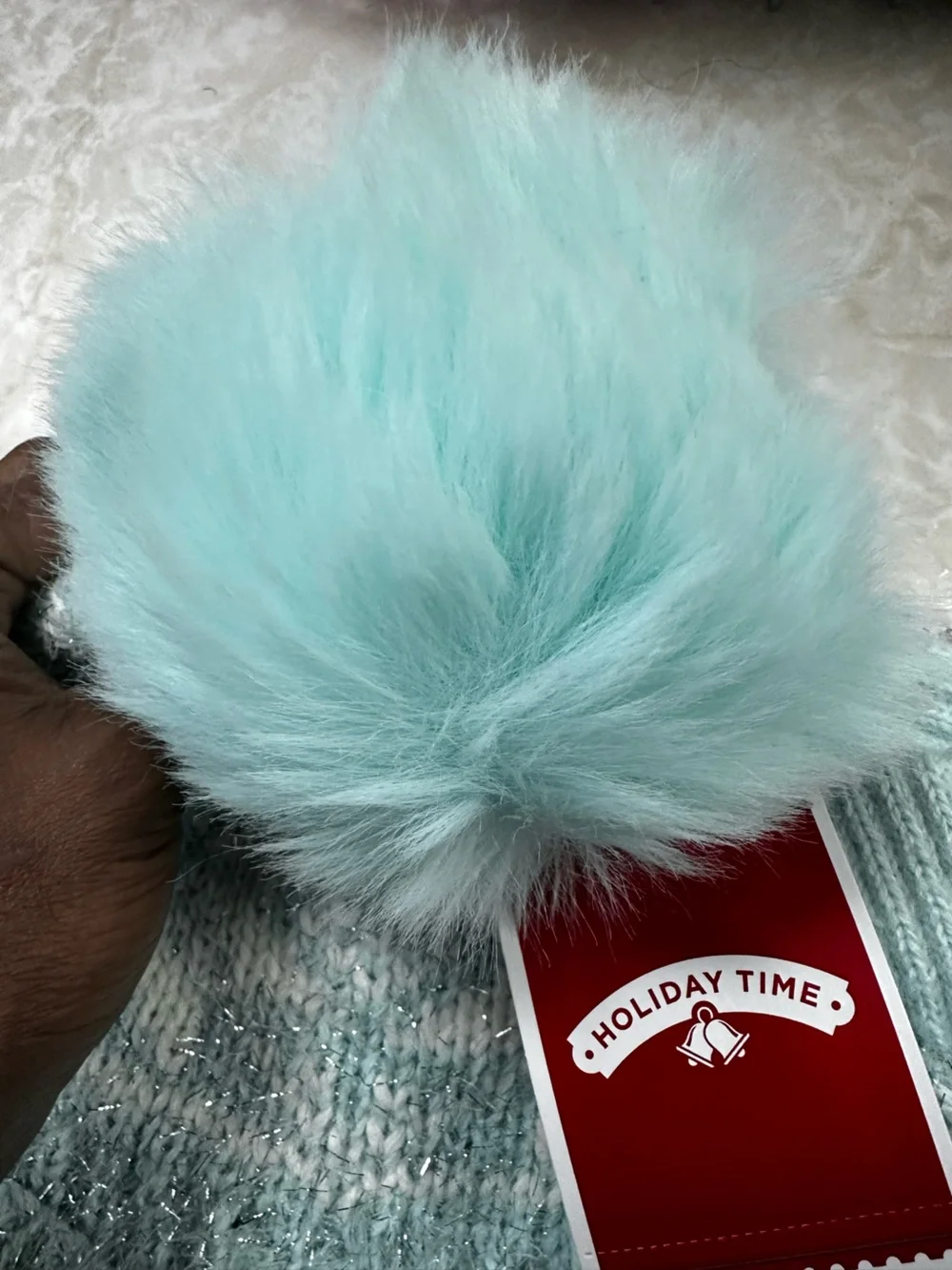 2pcs Holiday Time Mint Knit Pom Beanie and Matching Gloves Set